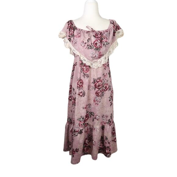 Vintage Dresses & Skirts - Vintage 70s mauve purple rose floral midi dress lace trim XS